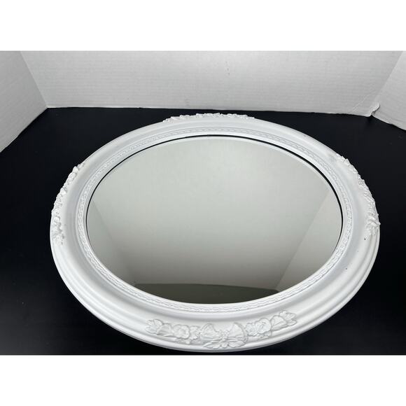 1960s Recessed Oval Framed Shabby Chic Oval Mirror Ornate White General - Picture 1 of 7